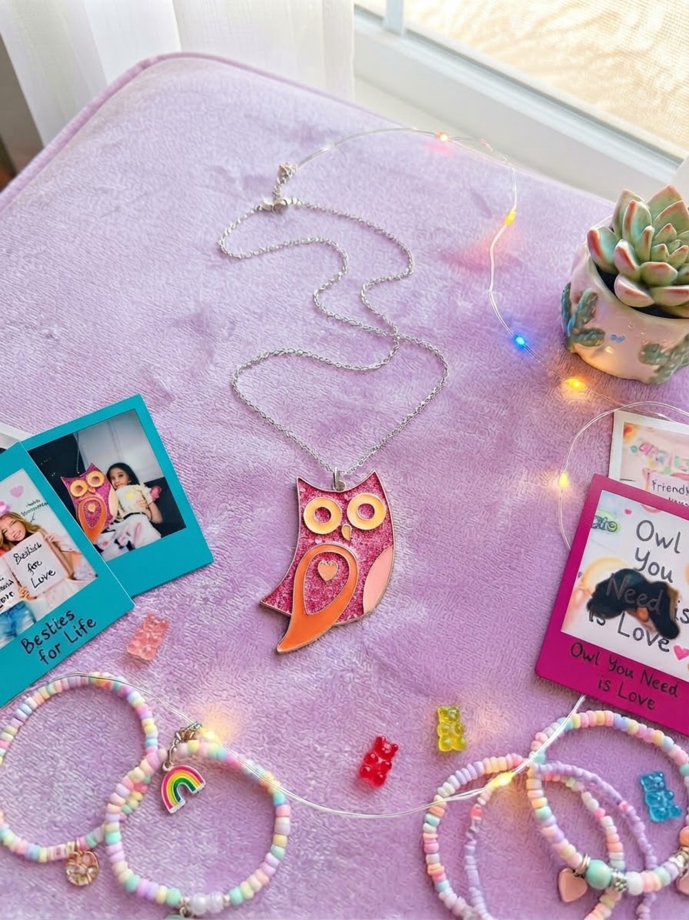 Pink and Orange Owl Pendant Necklace for Kids